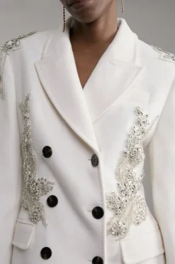 Karen Millen Wool Blend Crystal Embellished Double Breasted Tailored Maxi Coat ivory Outlet