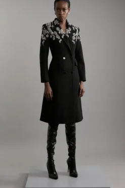 Karen Millen Wool Blend Crystal Embellished Notch Neck Belted Midi Coat navy Discount