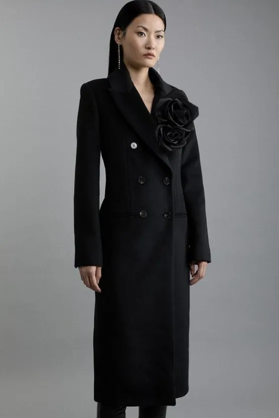 Karen Millen Wool Blend Detachable Rosette Detailed Double Breasted Tailored Maxi Coat black Online