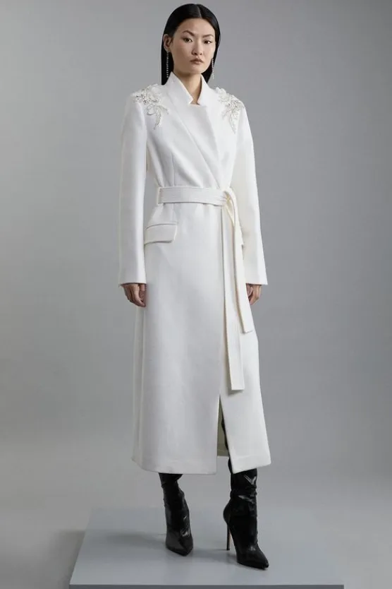 Karen Millen Wool Blend Embellished Belted Tailored Longline Coat ivory Outlet