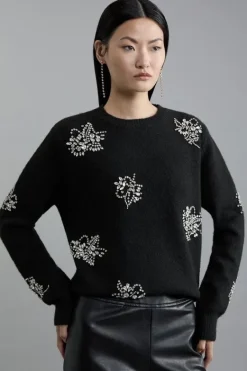Karen Millen Wool Blend Embellished Cosy Knit Sweater black Best
