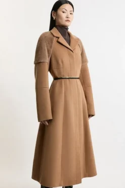 Karen Millen Wool Blend Faux Fur Sleeve Detail Tailored Midaxi Coat camel Clearance