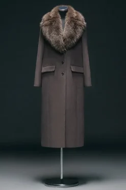 Karen Millen Wool Blend Fur Trim Collar Tailored Midi Coat mushroom Best