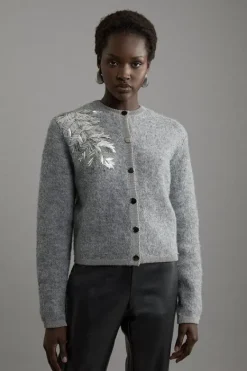 Karen Millen Wool Blend Knit Cardi With Placement Sequin Motif grey Sale