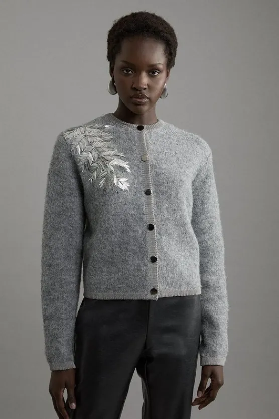 Karen Millen Wool Blend Knit Cardi With Placement Sequin Motif grey Sale