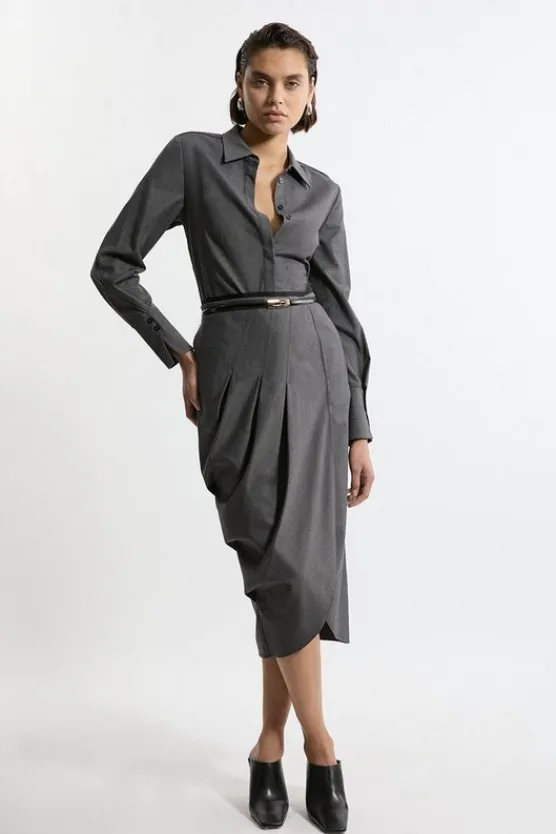 Karen Millen Wool Blend Pleated Detail Tailored Midi Skirt grey Best