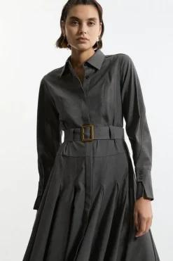 Karen Millen Wool Blend Pleated Tailored Belted Maxi Shirt Dress grey Online