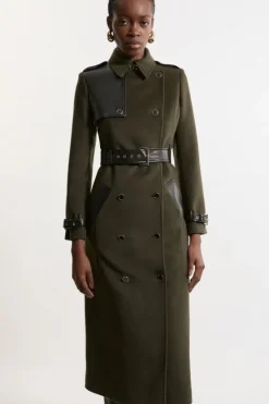 Karen Millen Wool Blend Pu Trim Belted Tailored Midi Coat khaki Fashion