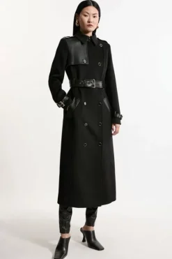 Karen Millen Wool Blend Pu Trim Belted Tailored Midi Coat black Hot