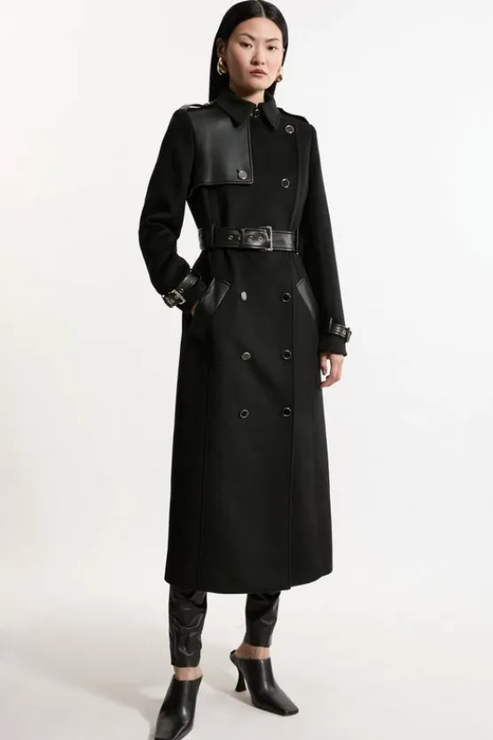 Karen Millen Wool Blend Pu Trim Belted Tailored Midi Coat black Hot