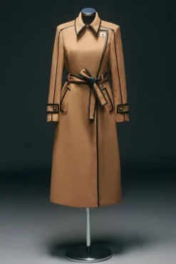 Karen Millen Wool Blend Pu Trim Belted Tailored Double Breasted Midi Coat camel Outlet