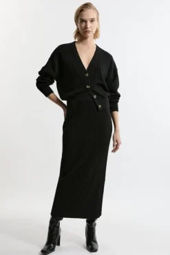 Karen Millen Wool Blend Rib Knit Midaxi Skirt black Fashion