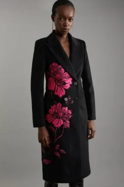 Karen Millen Wool Blend Satin Applique Embellished Double Breasted Tailored Midi Coat black Sale