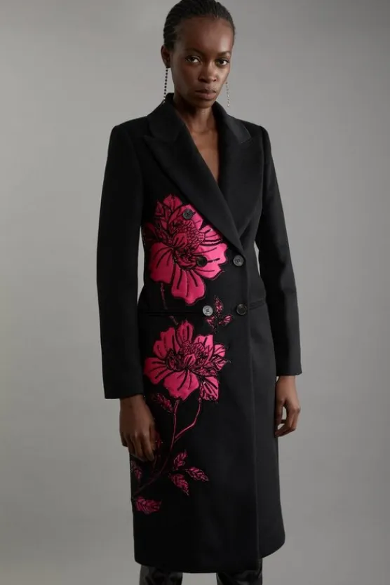 Karen Millen Wool Blend Satin Applique Embellished Double Breasted Tailored Midi Coat black Sale
