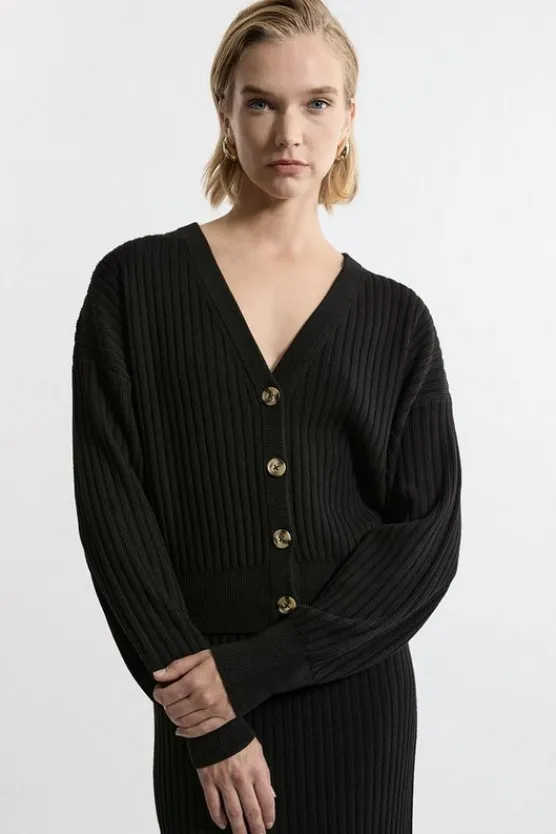 Karen Millen Wool Blend V Neck Ribbed Knit Cardi black Best