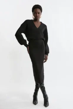 Karen Millen Wool Look Blouson Sleeve Midaxi Knit Pencil Dress black Online