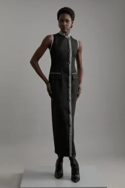 Karen Millen Wool Mix Contrast Check Sleeveless Tailored Maxi Dress multi Sale
