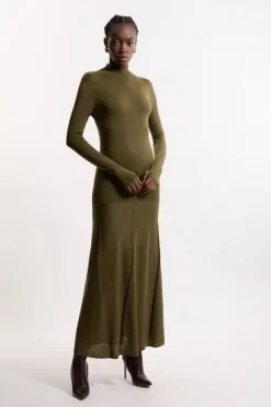 Karen Millen Wool Tencel Full Skirted Maxi Knit Dress olive Clearance